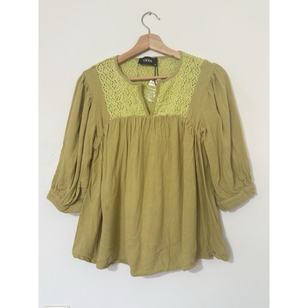 Cider Crochet Peasant Blouse Women’s Size XS Green/Yellow Boho Cottagecore NWOT